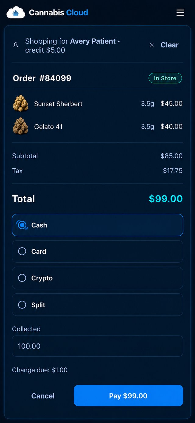 Terminal-style checkout with Cash, Card and Crypto