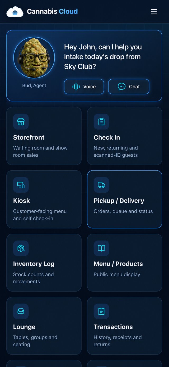 Home screen: Bud greets the operator with Voice and Chat options